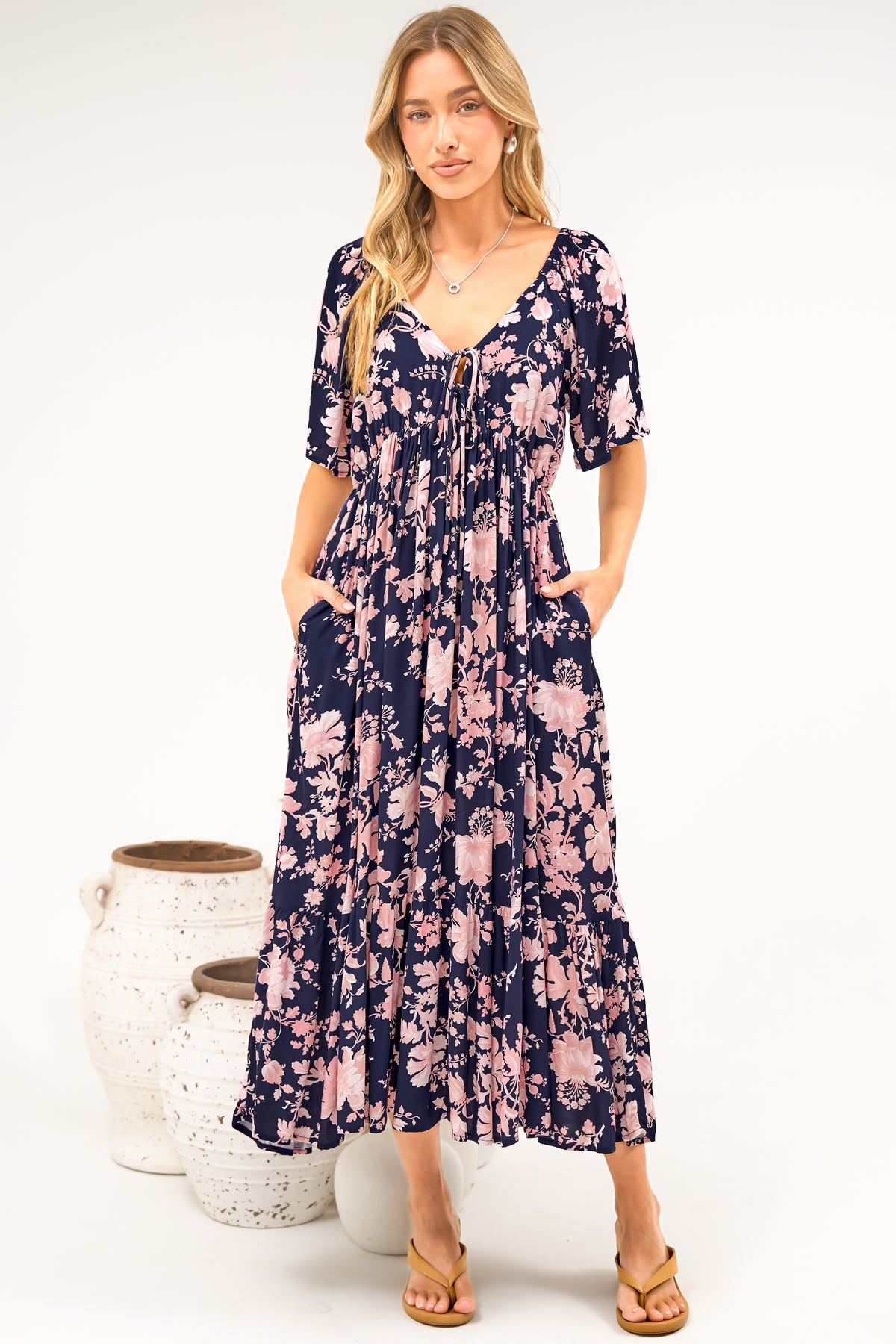 Caylee Midi Dress - V Neck On or Off Shoulder Empire Waist Dress with Short Sleeves in Hollis Print Navy