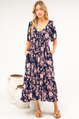 Caylee Midi Dress - V Neck On or Off Shoulder Empire Waist Dress with Short Sleeves in Hollis Print Navy
