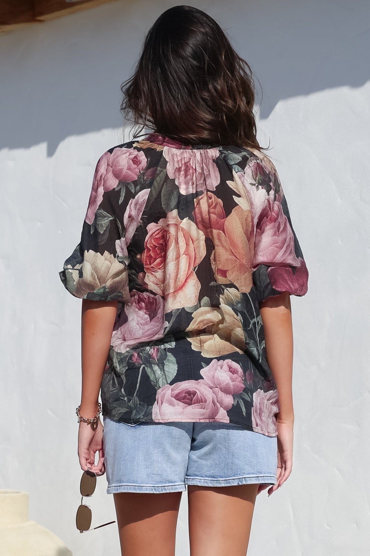 Cecilia Top - Mandarin Collar Button-Down with Half Balloon Sleeves in Annalisa Print