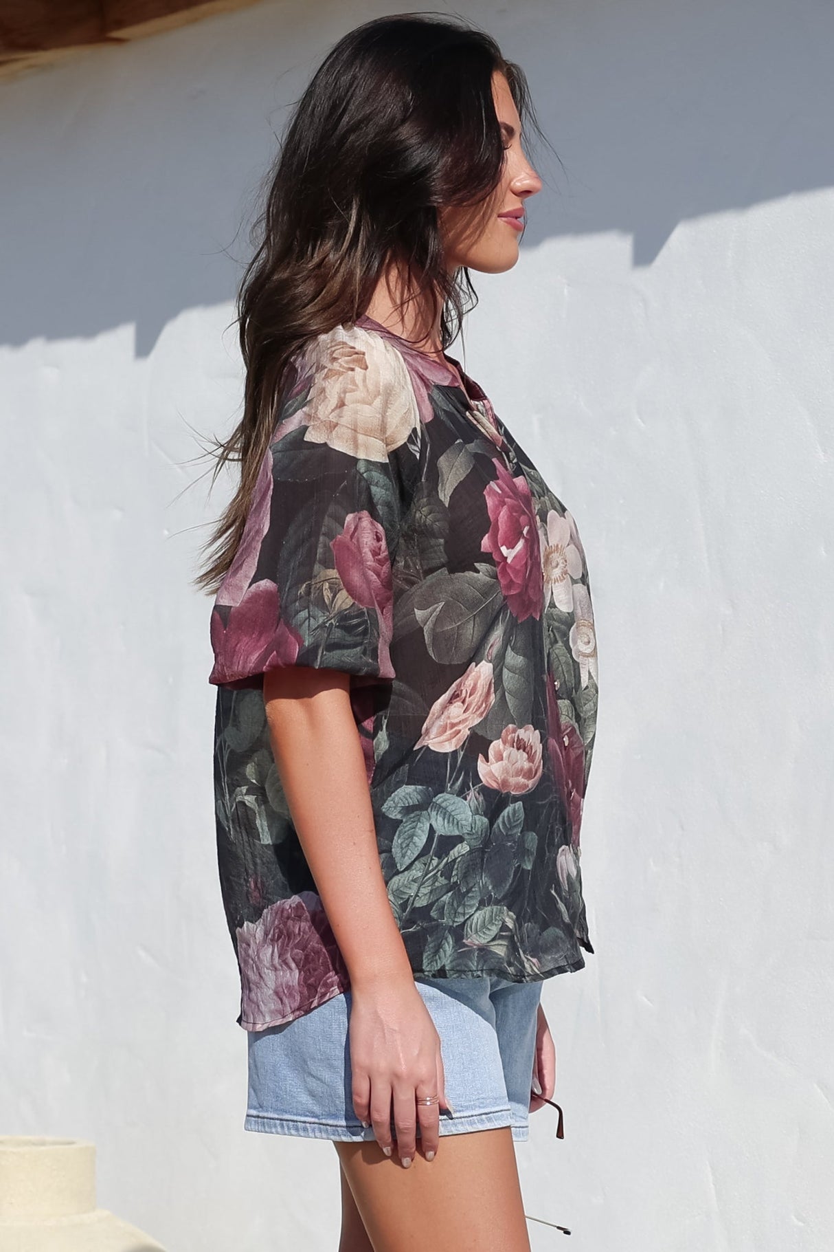 Cecilia Top - Mandarin Collar Button-Down with Half Balloon Sleeves in Annalisa Print