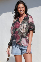 Cecilia Top - Mandarin Collar Button-Down with Half Balloon Sleeves in Annalisa Print