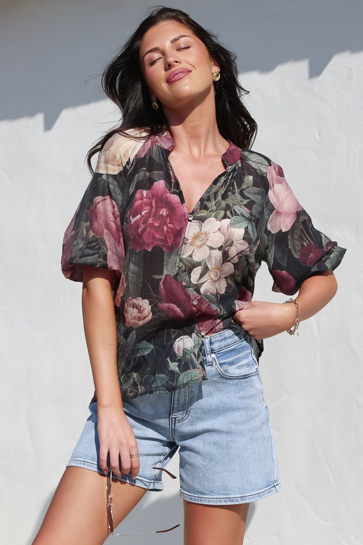 Cecilia Top - Mandarin Collar Button-Down with Half Balloon Sleeves in Annalisa Print