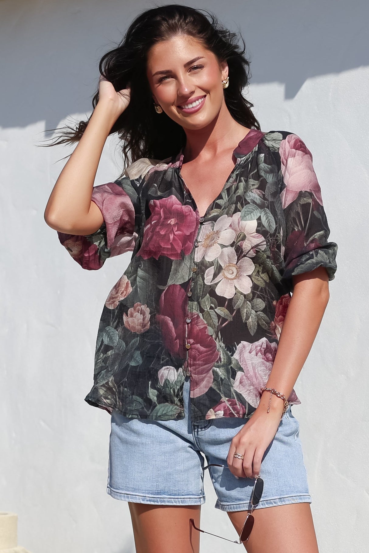 Cecilia Top - Mandarin Collar Button-Down with Half Balloon Sleeves in Annalisa Print