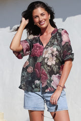 Cecilia Top - Mandarin Collar Button-Down with Half Balloon Sleeves in Annalisa Print