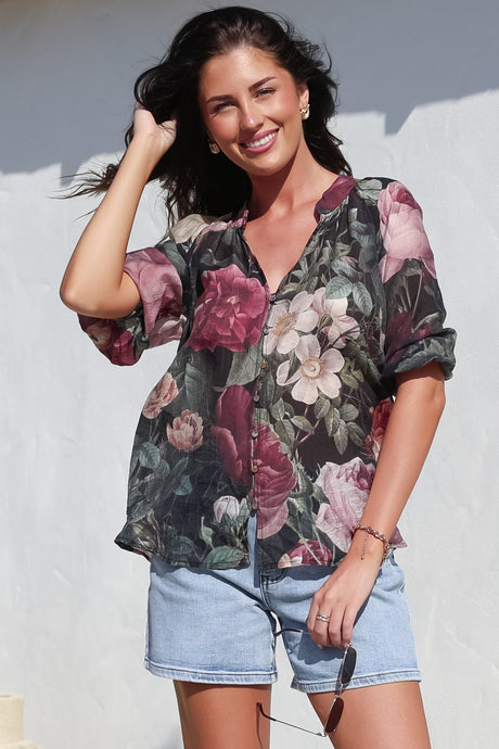 Cecilia Top - Mandarin Collar Button-Down with Half Balloon Sleeves in Annalisa Print
