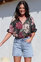 Cecilia Top - Mandarin Collar Button-Down with Half Balloon Sleeves in Annalisa Print