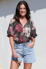 Cecilia Top - Mandarin Collar Button-Down with Half Balloon Sleeves in Annalisa Print