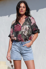 Cecilia Top - Mandarin Collar Button-Down with Half Balloon Sleeves in Annalisa Print
