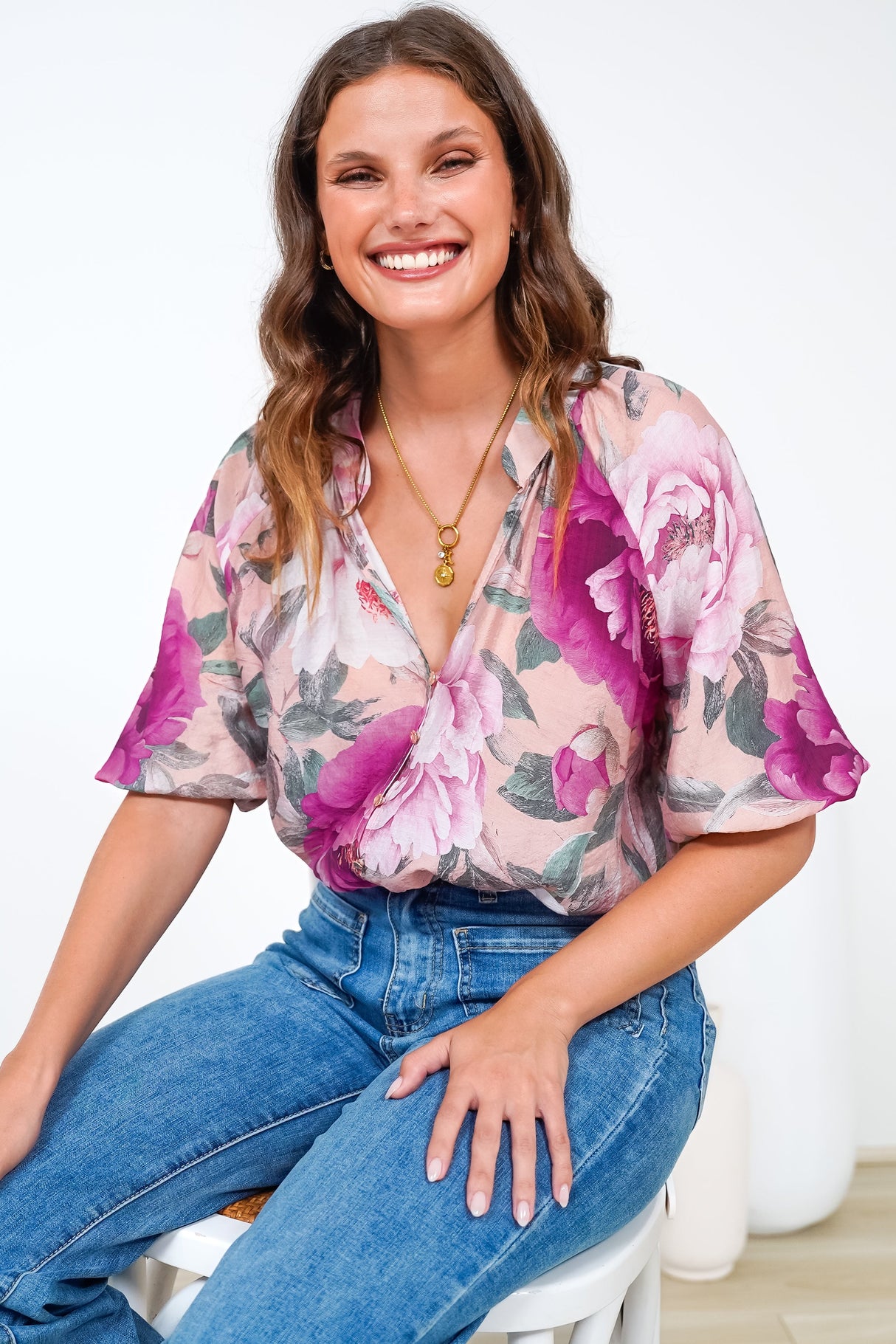 Cecilia Blouse - Mandarin Collar Button-Down with Half Balloon Sleeves in Tiana Print Pink