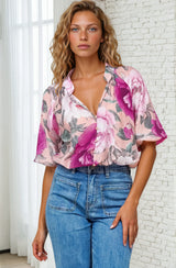 Cecilia Blouse - Mandarin Collar Button-Down with Half Balloon Sleeves in Tiana Print Pink