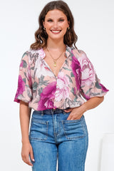 Cecilia Blouse - Mandarin Collar Button-Down with Half Balloon Sleeves in Tiana Print Pink