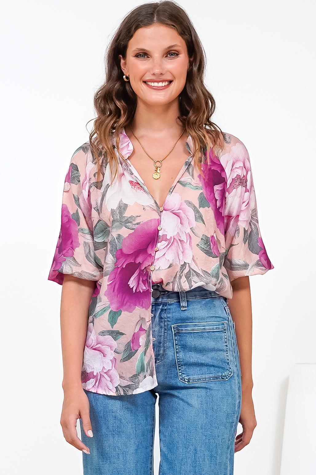 Cecilia Blouse - Mandarin Collar Button-Down with Half Balloon Sleeves in Tiana Print Pink