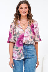 Cecilia Blouse - Mandarin Collar Button-Down with Half Balloon Sleeves in Tiana Print Pink
