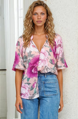 Cecilia Blouse - Mandarin Collar Button-Down with Half Balloon Sleeves in Tiana Print Pink