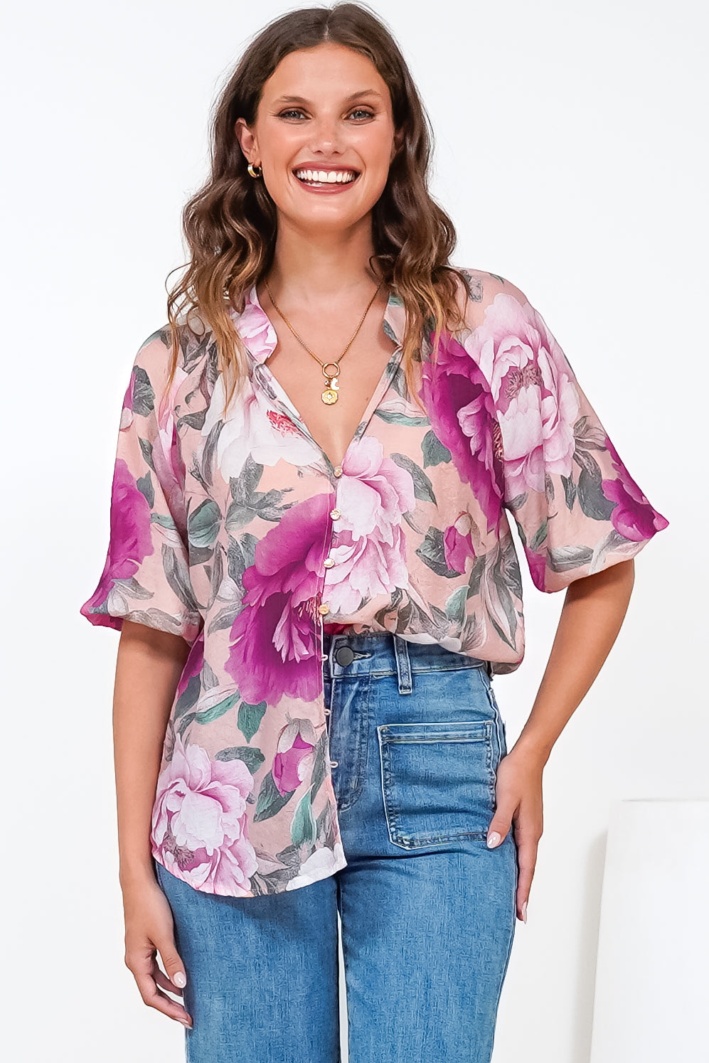 Cecilia Blouse - Mandarin Collar Button-Down with Half Balloon Sleeves in Tiana Print Pink