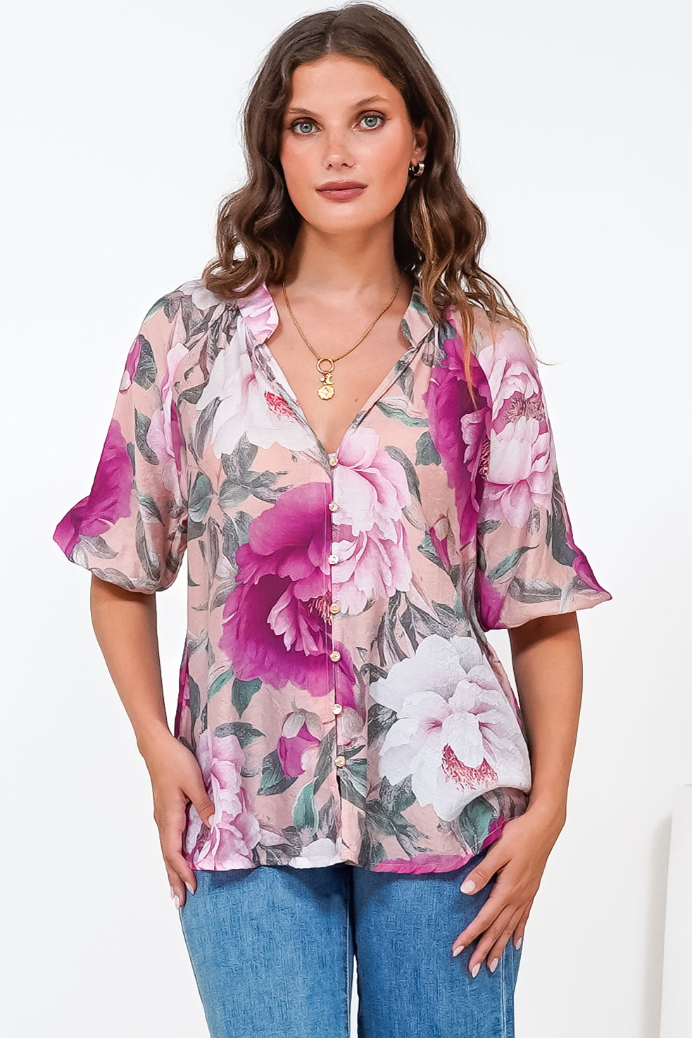 Cecilia Blouse - Mandarin Collar Button-Down with Half Balloon Sleeves in Tiana Print Pink