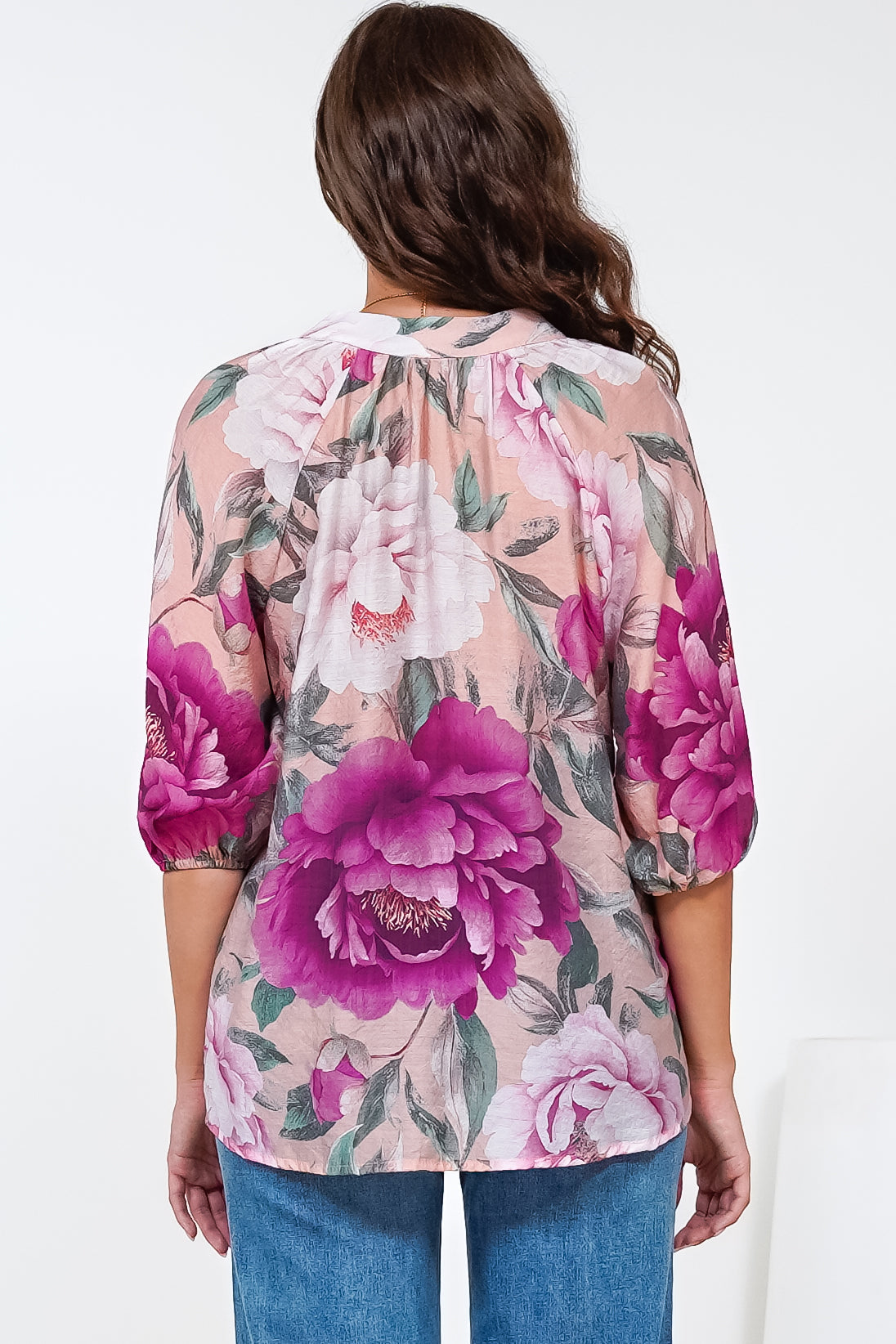 Cecilia Blouse - Mandarin Collar Button-Down with Half Balloon Sleeves in Tiana Print Pink
