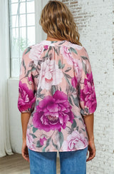 Cecilia Blouse - Mandarin Collar Button-Down with Half Balloon Sleeves in Tiana Print Pink