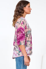 Cecilia Blouse - Mandarin Collar Button-Down with Half Balloon Sleeves in Tiana Print Pink