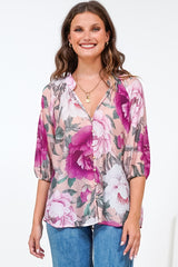 Cecilia Blouse - Mandarin Collar Button-Down with Half Balloon Sleeves in Tiana Print Pink