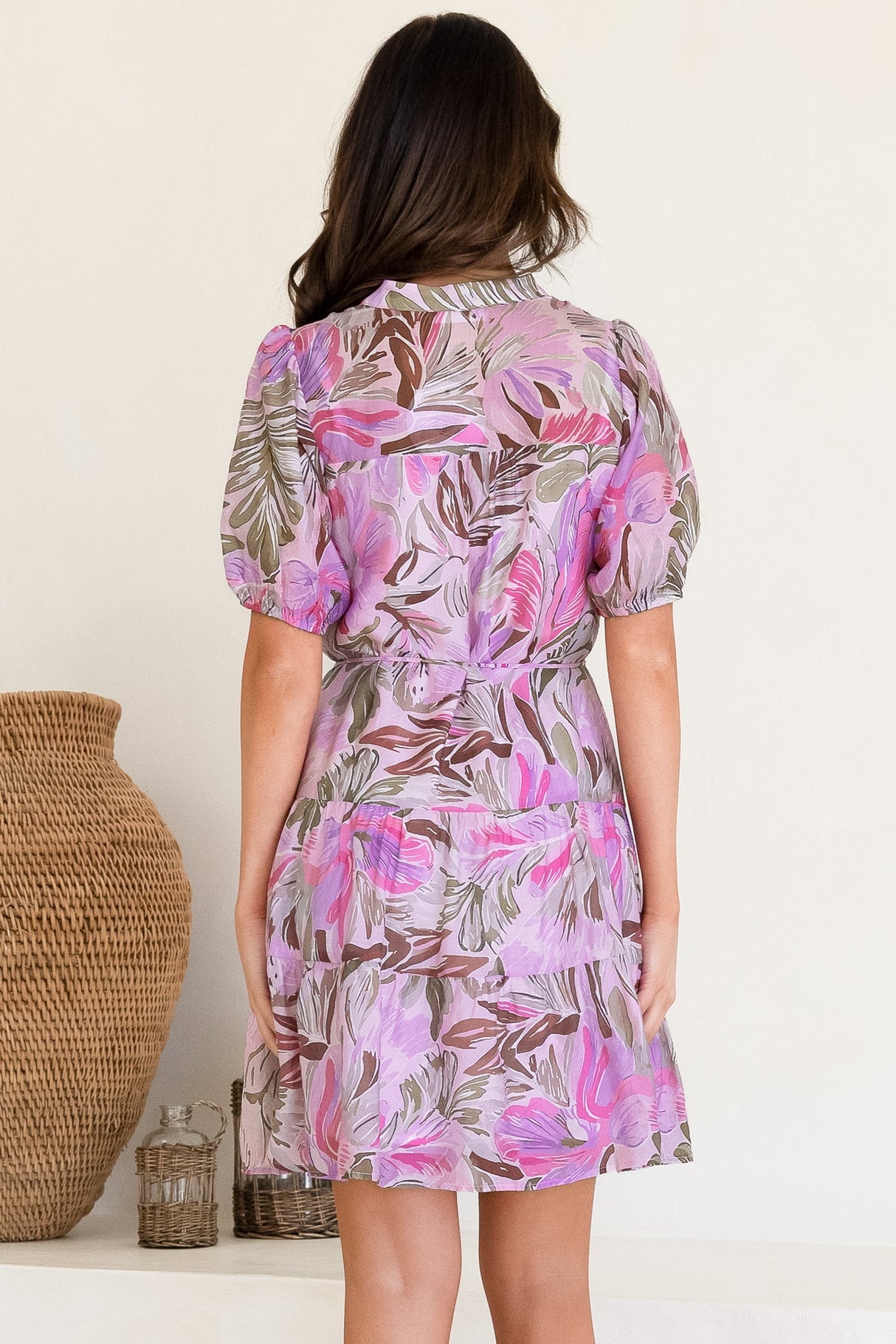 Cecilia Mini Dress - Mandarin Collar Shirt Dress with String Belt in Thalita Print Pink