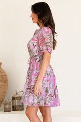 Cecilia Mini Dress - Mandarin Collar Shirt Dress with String Belt in Thalita Print Pink