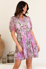 Cecilia Mini Dress - Mandarin Collar Shirt Dress with String Belt in Thalita Print Pink