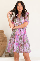 Cecilia Mini Dress - Mandarin Collar Shirt Dress with String Belt in Thalita Print Pink
