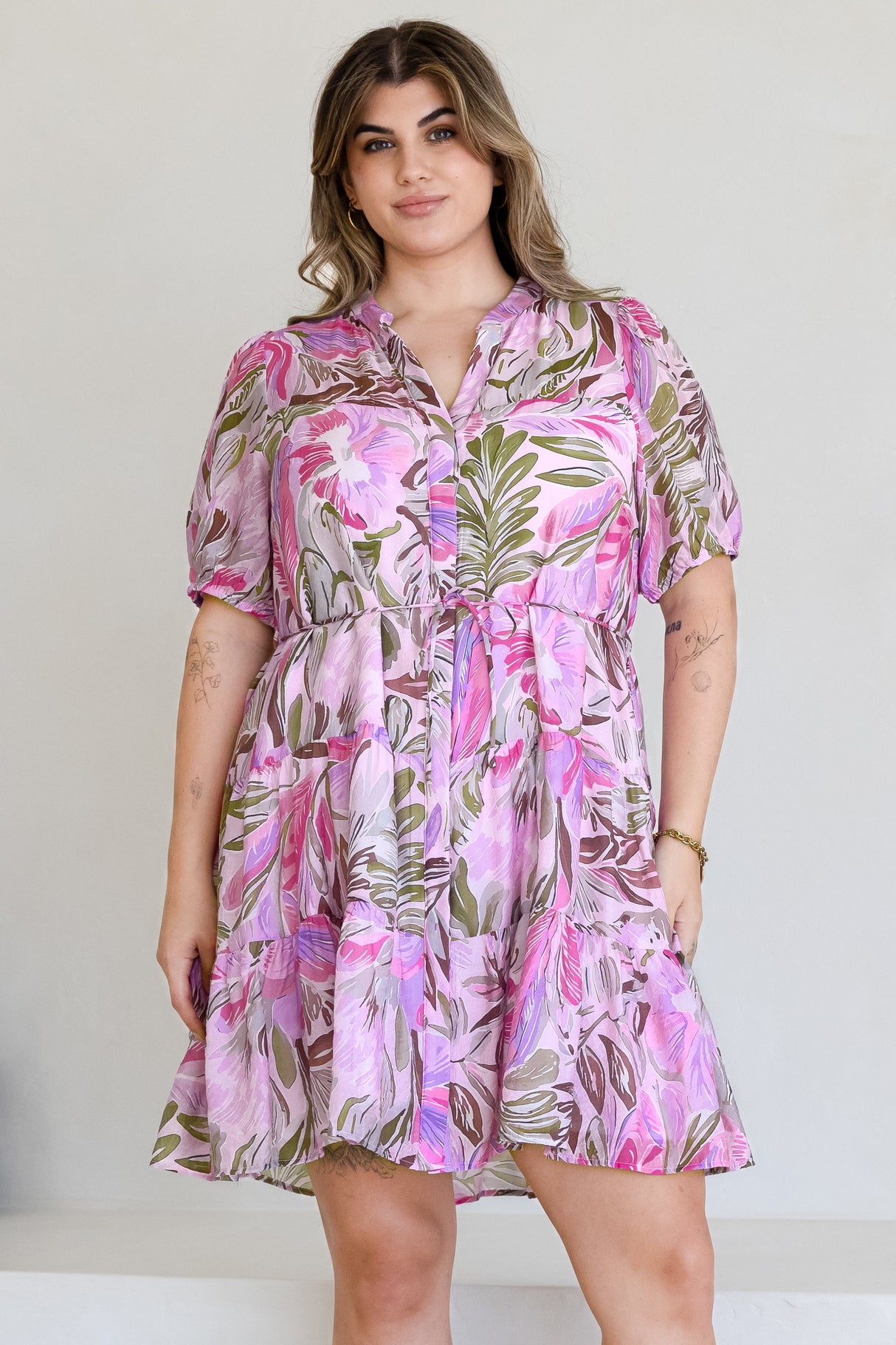 Cecilia Mini Dress - Mandarin Collar Shirt Dress with String Belt in Thalita Print Pink