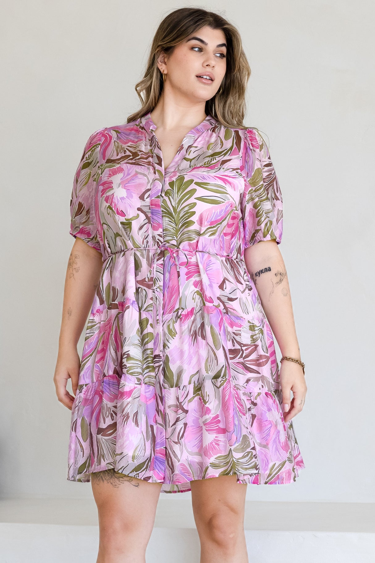 Cecilia Mini Dress - Mandarin Collar Shirt Dress with String Belt in Thalita Print Pink