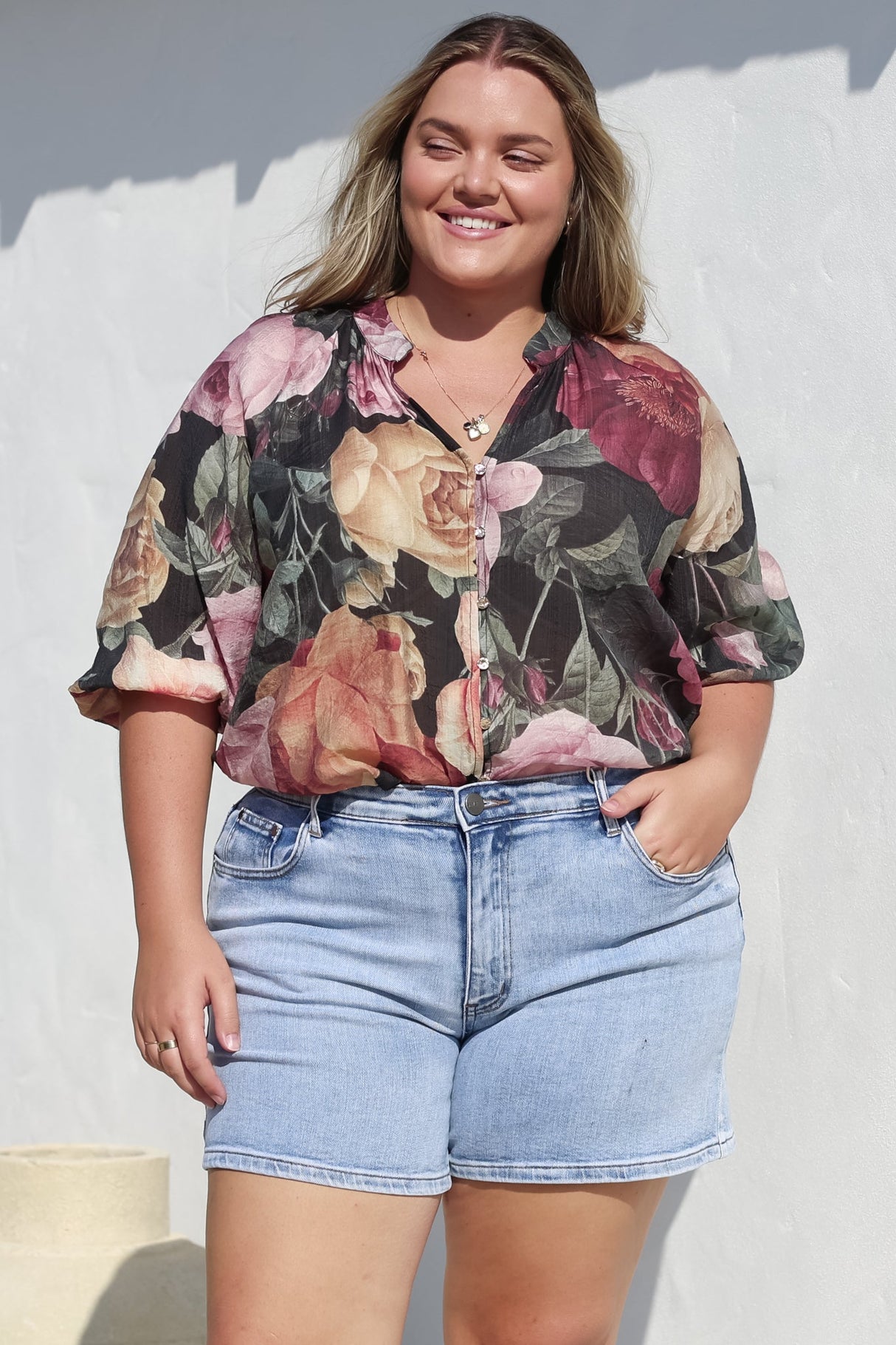 Cecilia Top - Mandarin Collar Button-Down with Half Balloon Sleeves in Annalisa Print
