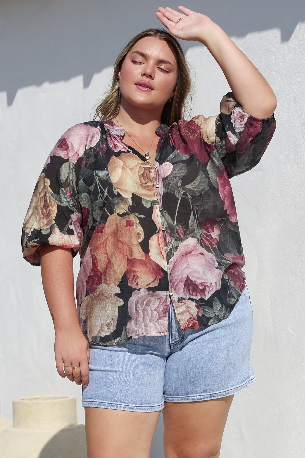 Cecilia Top - Mandarin Collar Button-Down with Half Balloon Sleeves in Annalisa Print