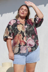 Cecilia Top - Mandarin Collar Button-Down with Half Balloon Sleeves in Annalisa Print