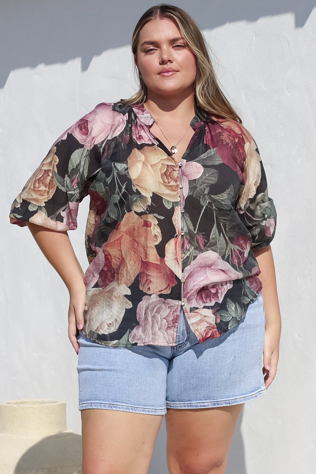 Cecilia Top - Mandarin Collar Button-Down with Half Balloon Sleeves in Annalisa Print