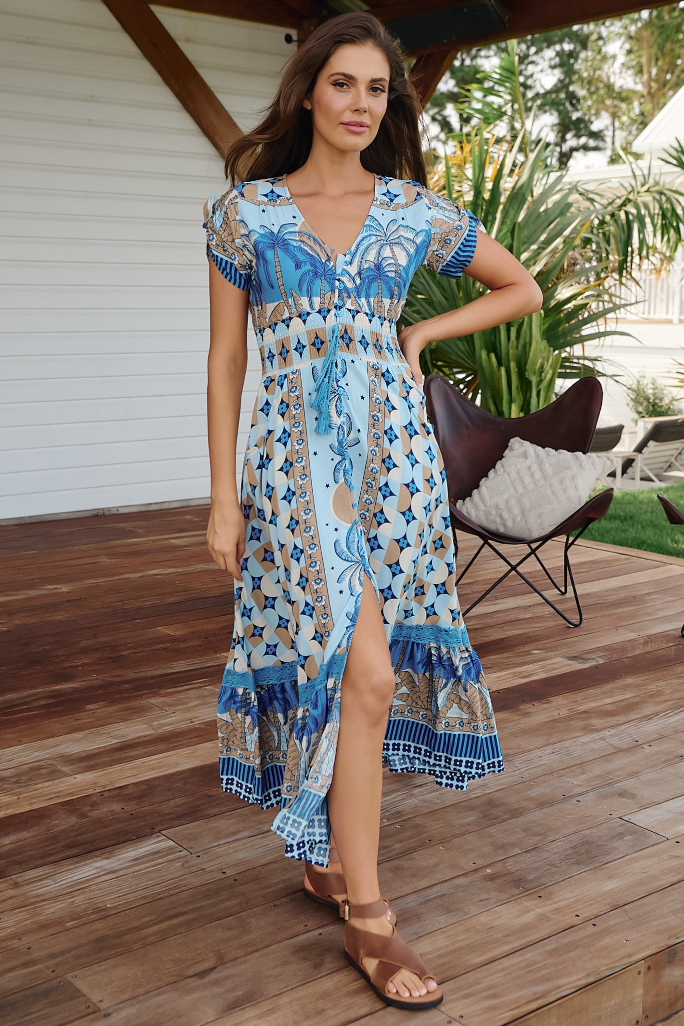 JAASE - Celeste Maxi Dress: Tie Cap Sleeve Button Down Dress with Lace Trim in Saphire Sands Print
