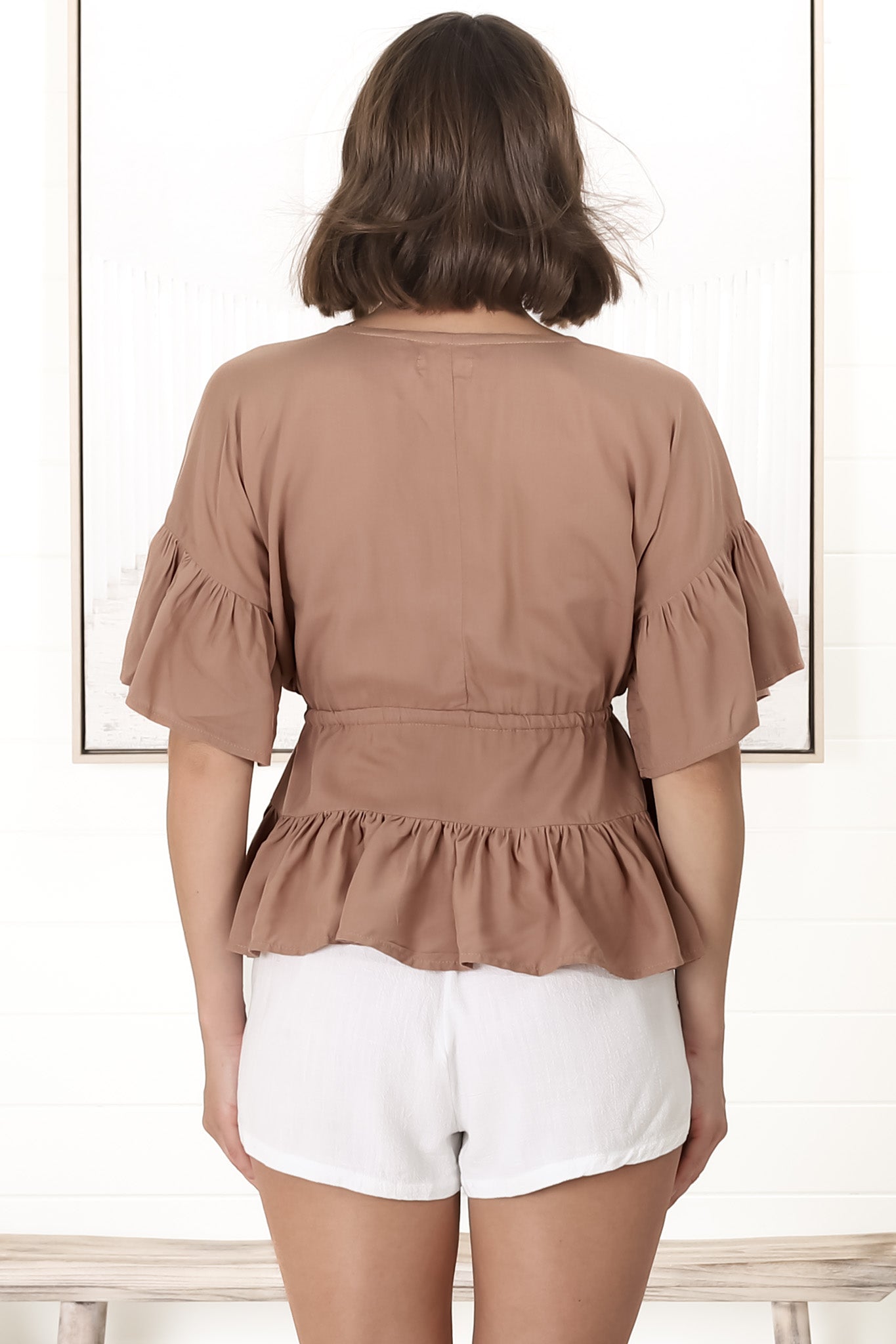 Celeste Top - Pull In Underbust Tiered Top with V Neckline in Camel