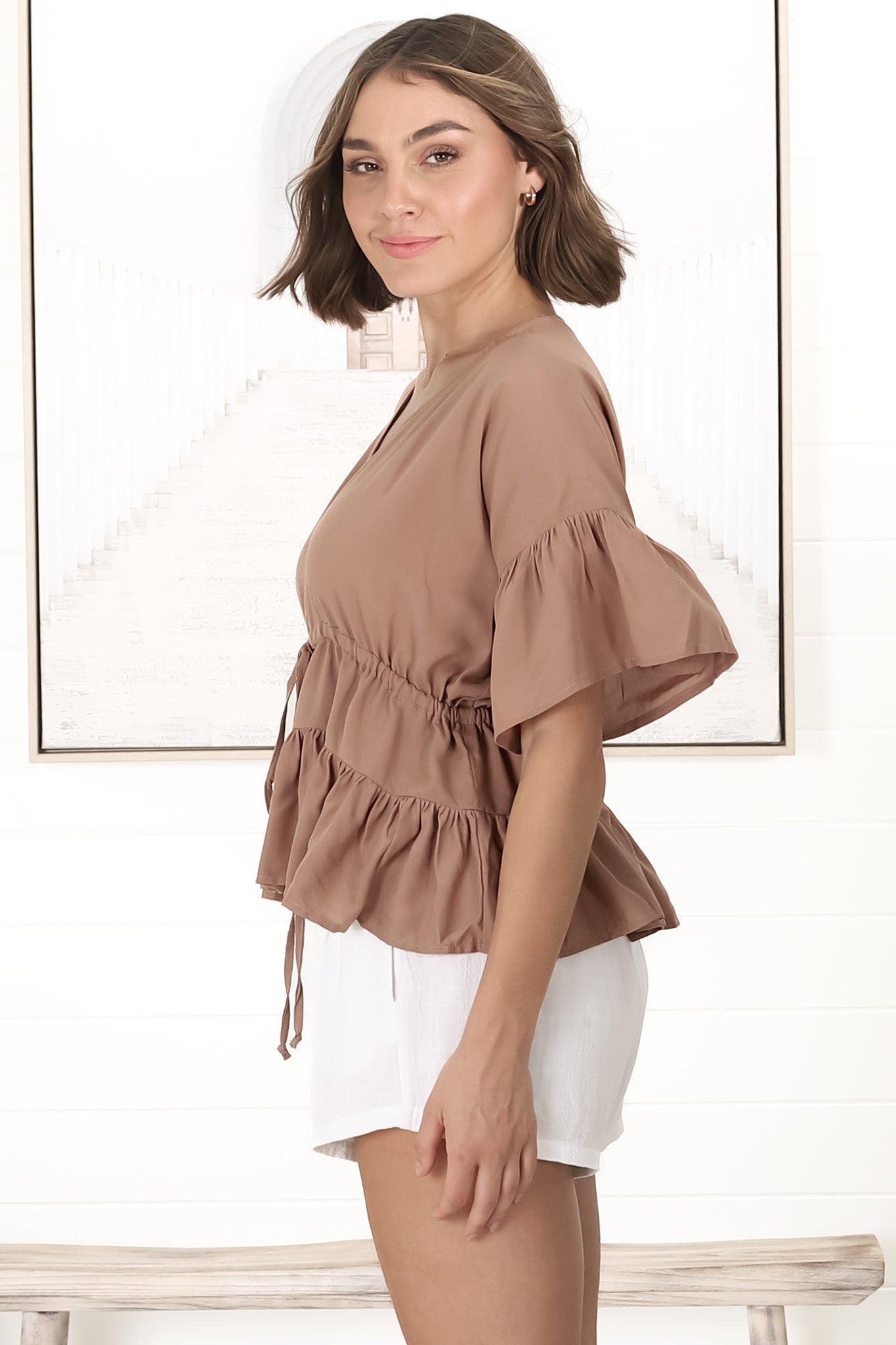 Celeste Top - Pull In Underbust Tiered Top with V Neckline in Camel