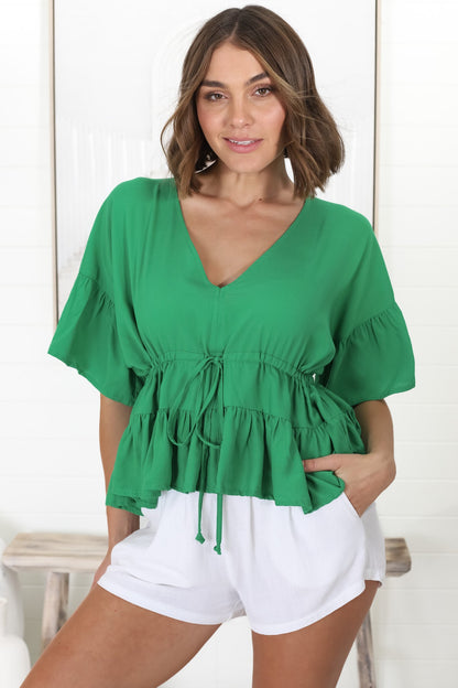 Celeste Top - Pull In Underbust Tiered Top with V Neckline in Green