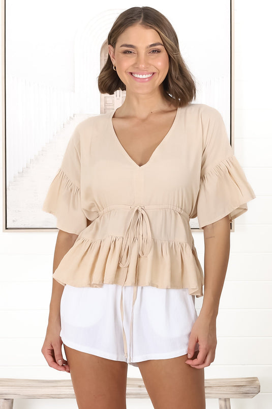 Celeste Top - Pull In Underbust Tiered Top with V Neckline in Sand