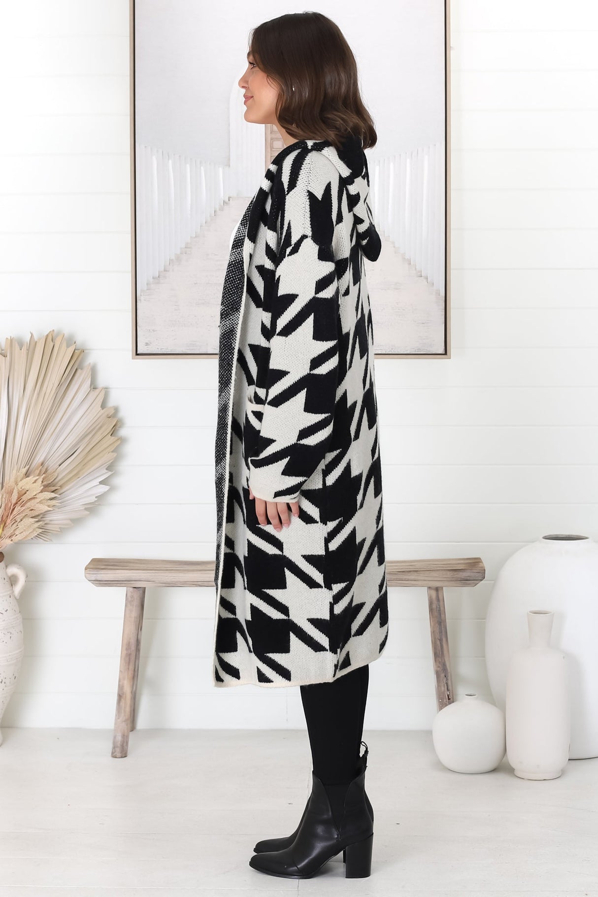 Celie Cardigan - Long Line Open Hooded Graphic Cardigan in Black