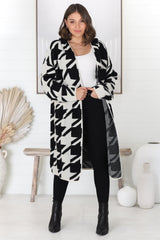 Celie Cardigan - Long Line Open Hooded Graphic Cardigan in Black