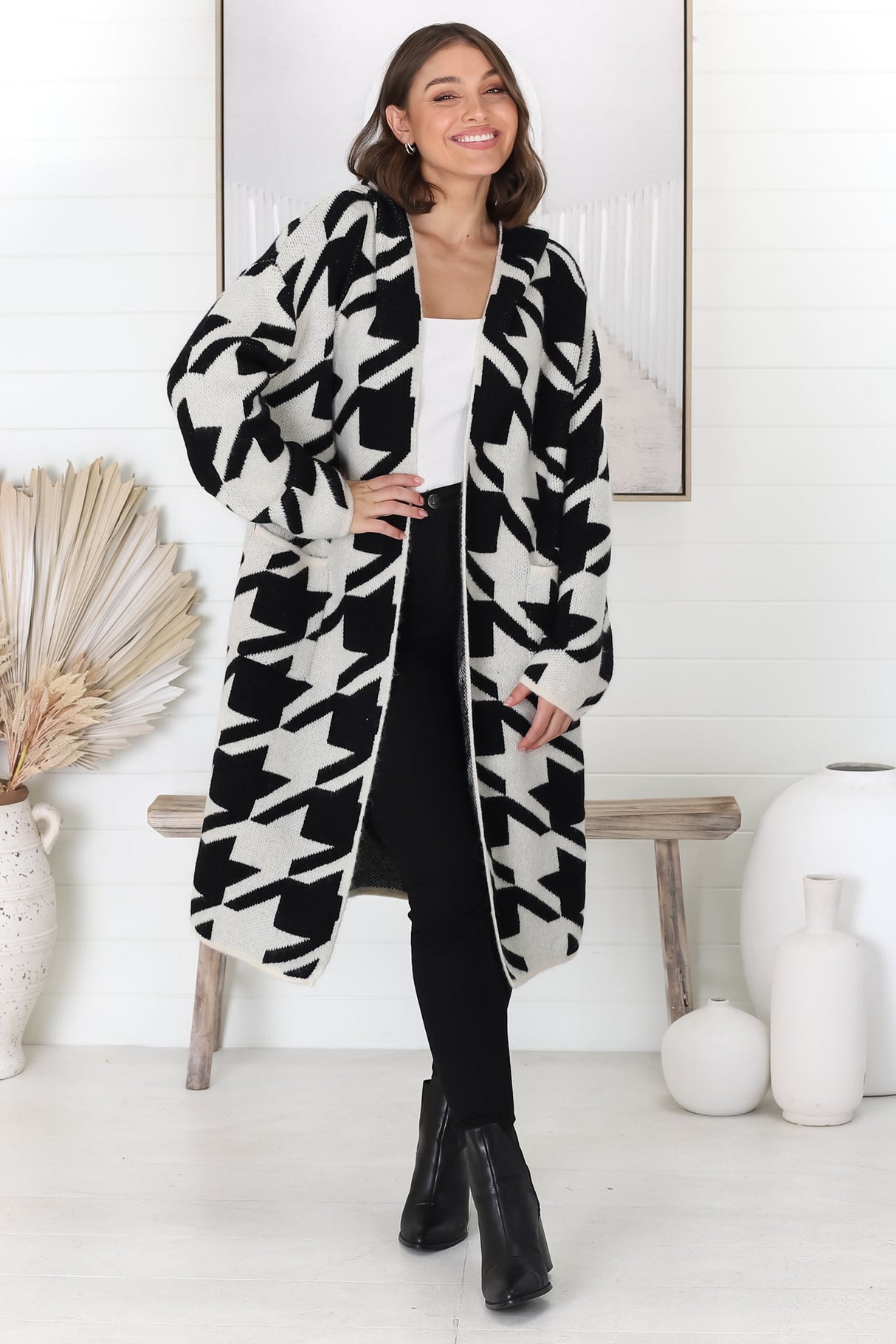 Celie Cardigan - Long Line Open Hooded Graphic Cardigan in Black