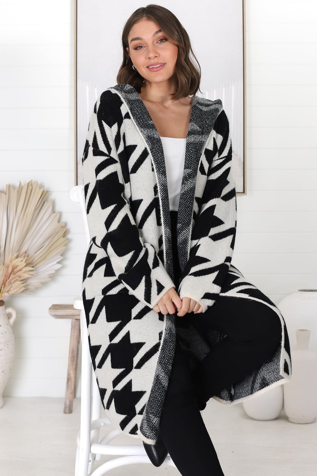 Celie Cardigan - Long Line Open Hooded Graphic Cardigan in Black