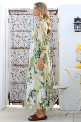 Celita Maxi Dress - Deep V Neck Dress with Flowing Balloon Sleeves in Kamara Print Green
