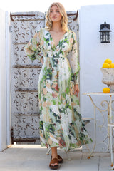 Celita Maxi Dress - Deep V Neck Dress with Flowing Balloon Sleeves in Kamara Print Green