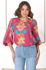 Celle Blouse - Pull Over Top with Long Balloon Sleeves in Octavia Print