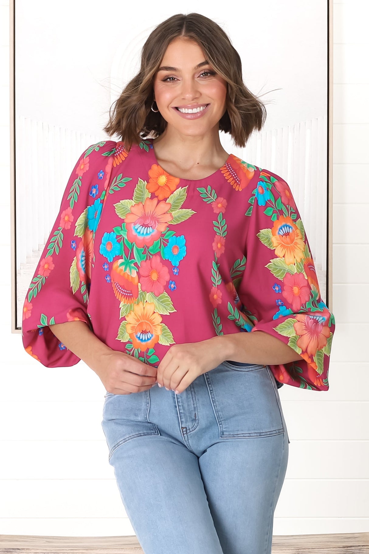 Celle Blouse - Pull Over Top with Long Balloon Sleeves in Octavia Print