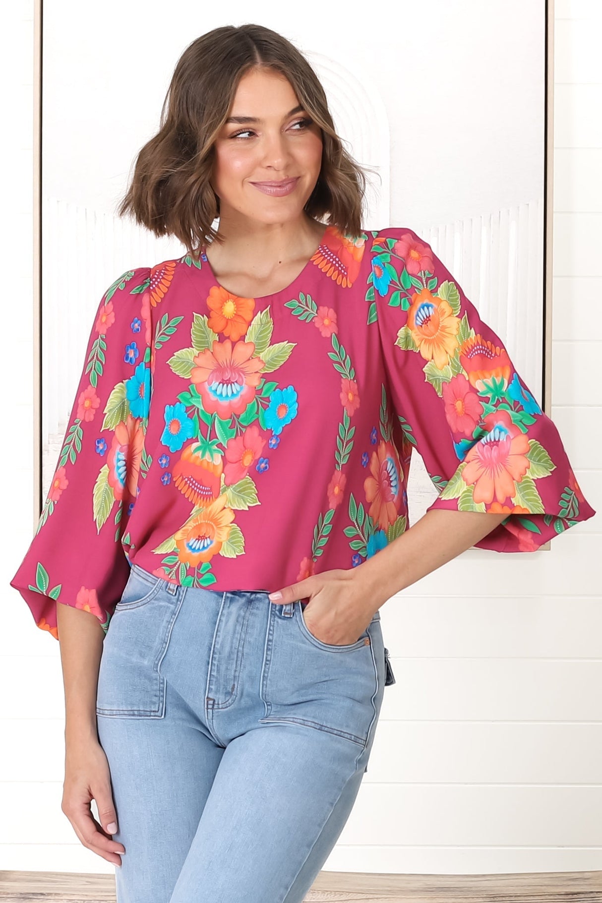 Celle Blouse - Pull Over Top with Long Balloon Sleeves in Octavia Print