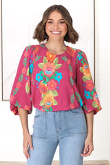 Celle Blouse - Pull Over Top with Long Balloon Sleeves in Octavia Print