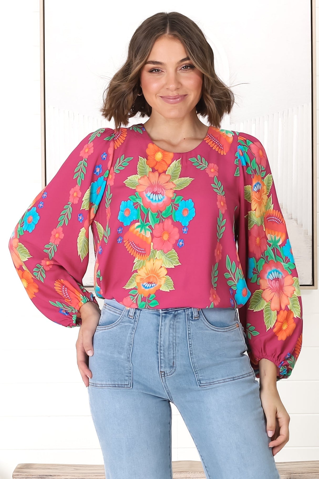 Celle Blouse - Pull Over Top with Long Balloon Sleeves in Octavia Print